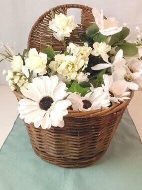 1990s Woven Wicker Wall Hanging Pocket Basket White Faux Floral Arrangement